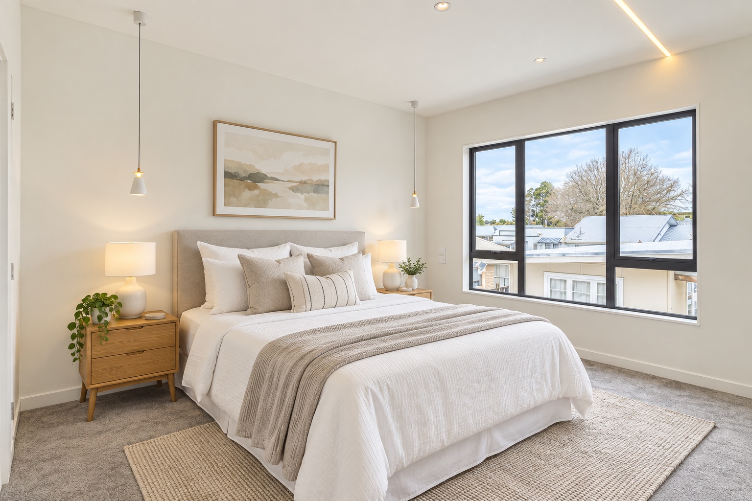 A softly staged bedroom with a generous window and neutral finishes
