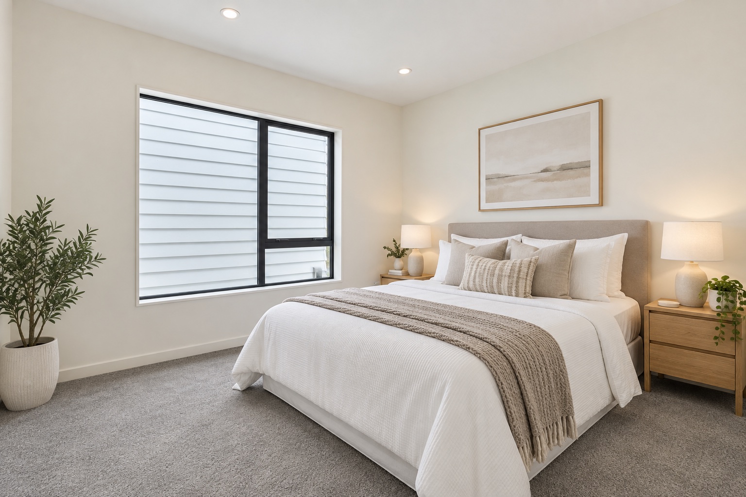 Bedroom framed by garden-facing windows