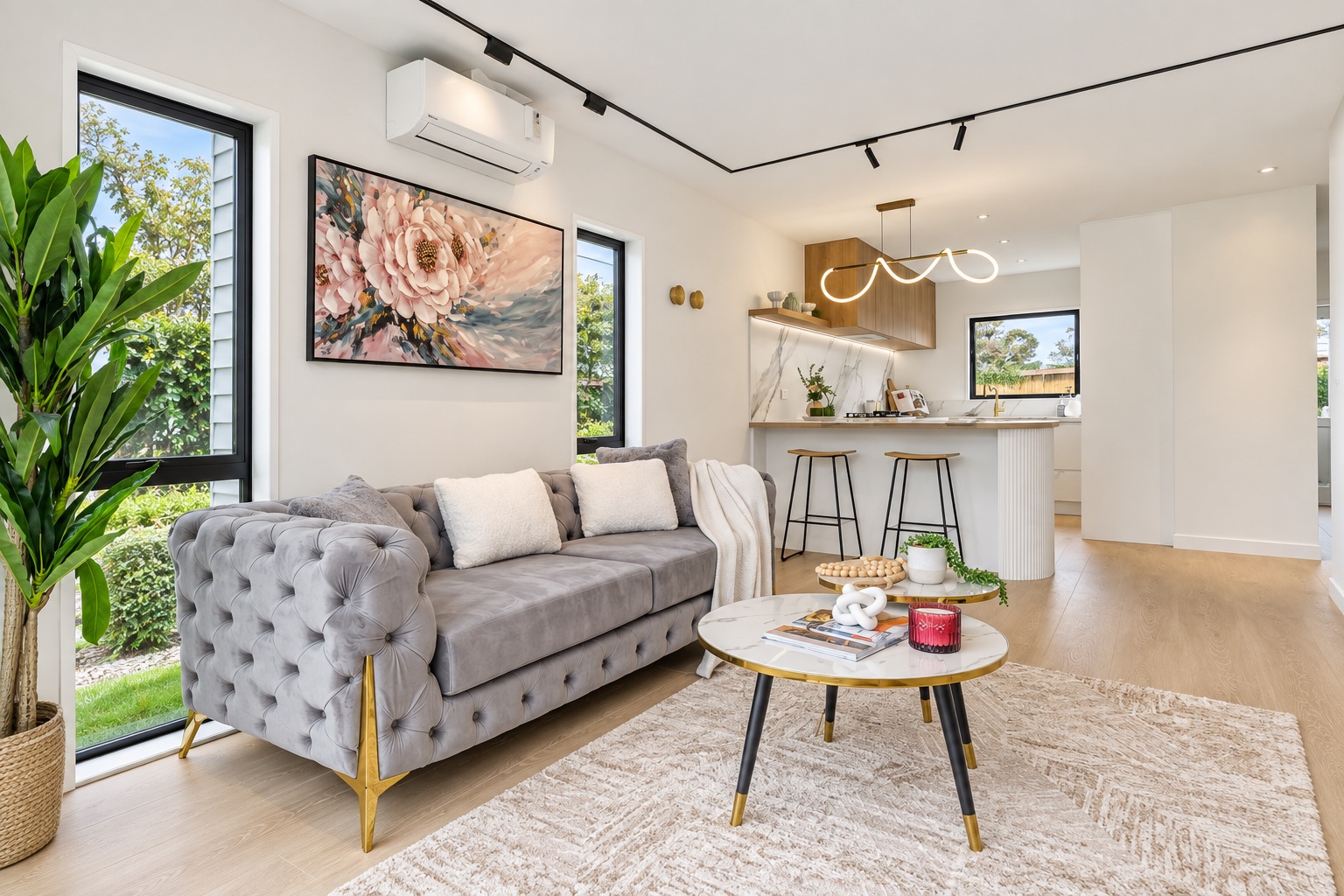 Open-plan living room flowing into the kitchen