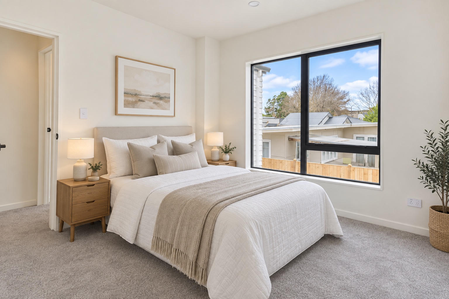 Bright bedroom with a view across the neighbourhood