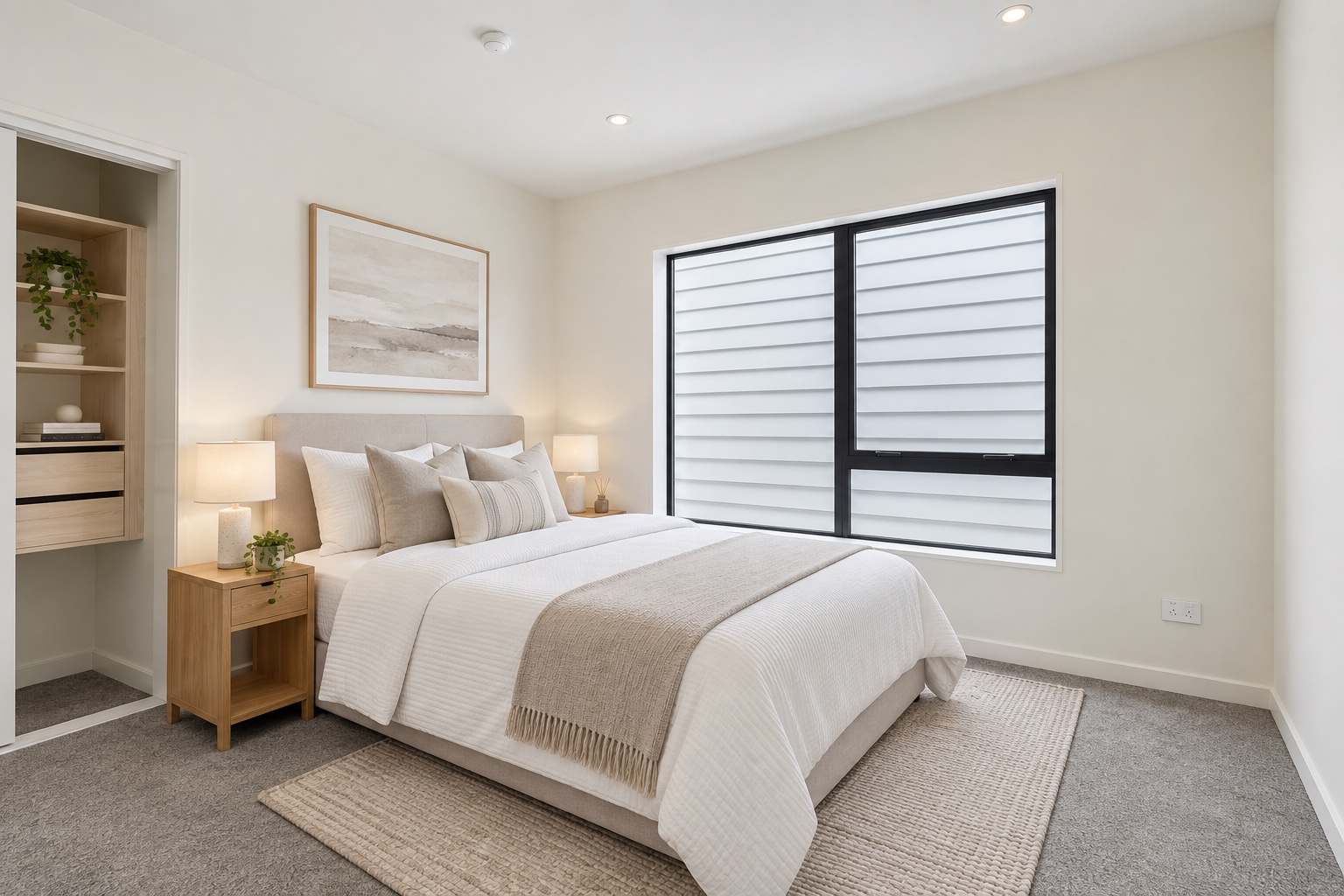 Bedroom with built-in timber storage